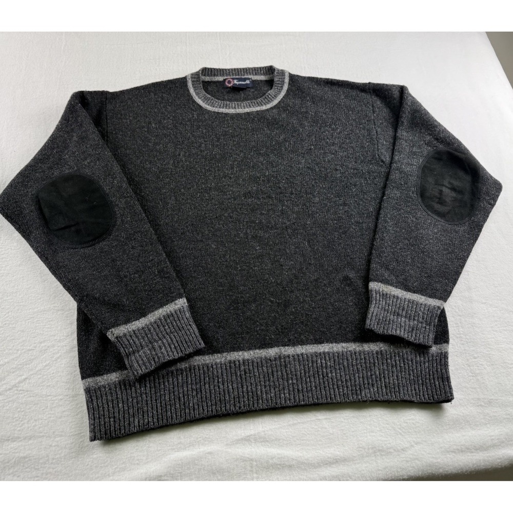 Faconnable Wool Men's Sweater Size XL Gray Vintage Suede Elbow Patch